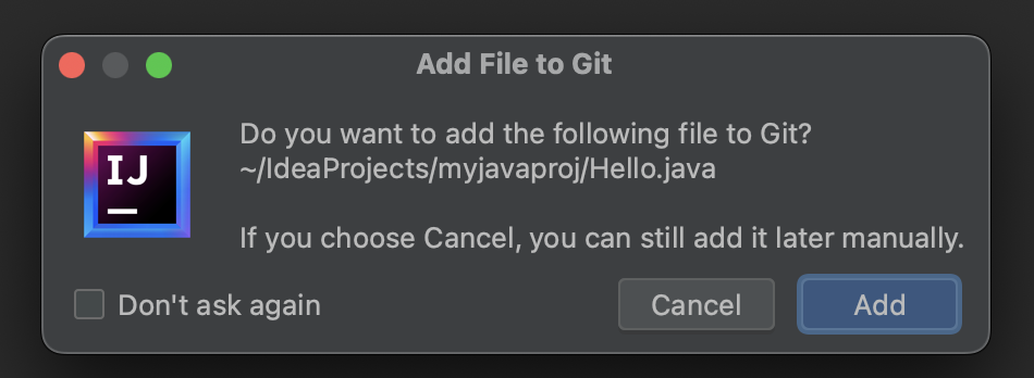 Prompt - Do you want to add the following file to Git - intelliJ